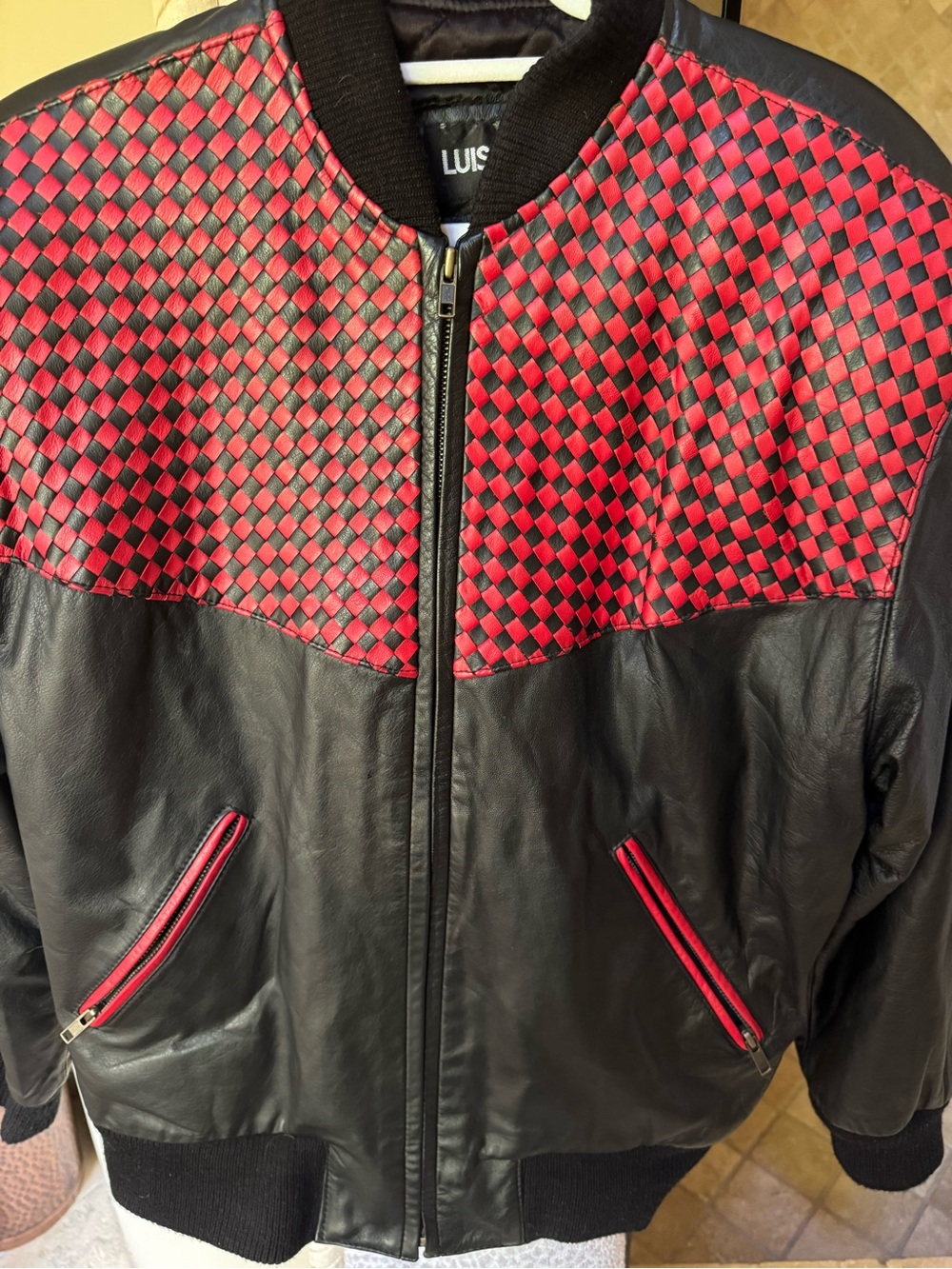 Vintage Black Leather Bomber Jacket w Red Woven Yoke sz Lg same as Benson Boone.